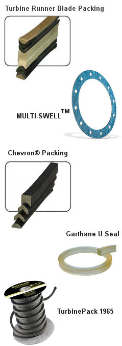Pictures of Turbine Runner Blade Packing, MULTI-SWELL, Chevron Packing, Garthane U-Seal, and TurbinePack 1965
